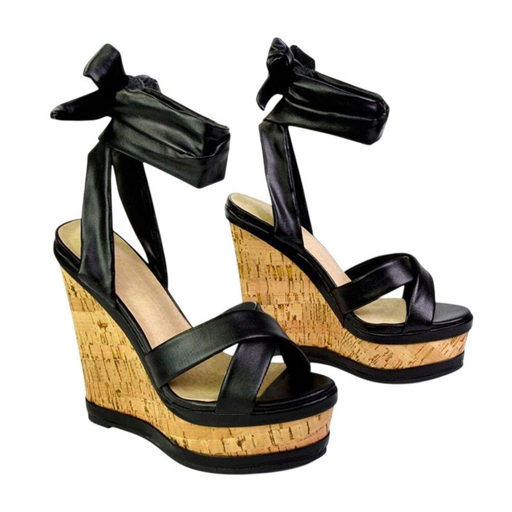 XY London Womens/Ladies Kammie Cork Lace Up Strappy Wedge Sandals / Black